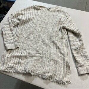 ⭐️J. Jill Cream & Grey Striped Fringe Hem Button Back Crewneck Sweatshirt MP EUC